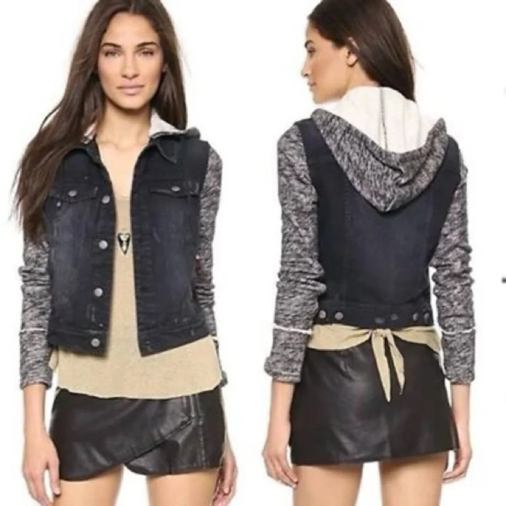 Free People XS Black distressed Denim Jacket with Gray sleeve detachable hood